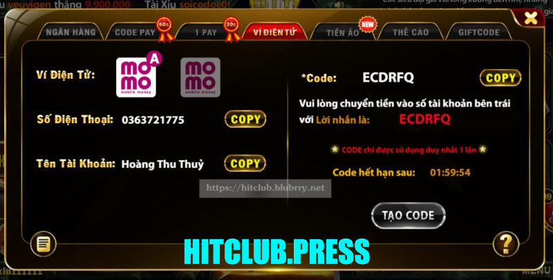 Ví điện tử MOMO hỗ trợ nạp tiền Hit Club